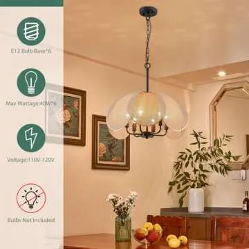 Avzkcy 22" Modern Chandelier, 6-Light Flower Pendant Lighting Fixtures Height Ajustable Hanging Ceiling Light Black Metal Frame Fabric Shade Lamp for Living Room Dining Room Bedroom Kitchen