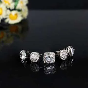 Jstyle 8Pairs Halo Cubic Zirconia Stud Earrings for Women Clear CZ Round Square Pearl Stud Earrings Set Ear Jewelry
