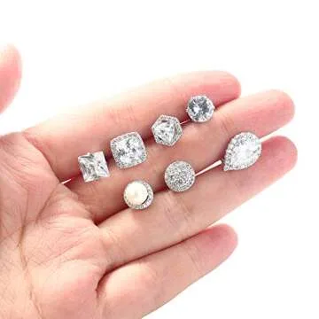 Jstyle 8Pairs Halo Cubic Zirconia Stud Earrings for Women Clear CZ Round Square Pearl Stud Earrings Set Ear Jewelry