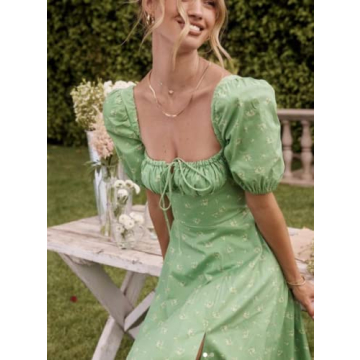 Elegant Women Boho Cottagecore Dress with Puff Sleeves