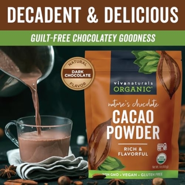 Viva Naturals Organic Cacao Powder, 1lb - Unsweetened Cacao Powder With Rich Dark Chocolate Flavor, Perfect for Baking & Smoothies, Non-GMO, Certified Vegan & Gluten-Free, 454 g