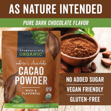 Viva Naturals Organic Cacao Powder, 1lb - Unsweetened Cacao Powder With Rich Dark Chocolate Flavor, Perfect for Baking & Smoothies, Non-GMO, Certified Vegan & Gluten-Free, 454 g