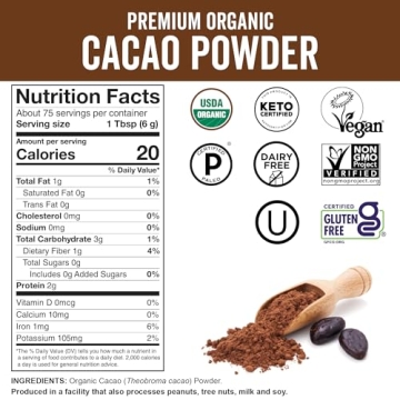 Viva Naturals Organic Cacao Powder, 1lb - Unsweetened Cacao Powder With Rich Dark Chocolate Flavor, Perfect for Baking & Smoothies, Non-GMO, Certified Vegan & Gluten-Free, 454 g