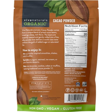 Viva Naturals Organic Cacao Powder, 1lb - Unsweetened Cacao Powder With Rich Dark Chocolate Flavor, Perfect for Baking & Smoothies, Non-GMO, Certified Vegan & Gluten-Free, 454 g