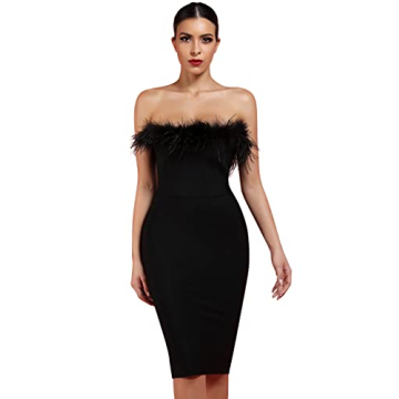 whoinshop Women's Sexy Off Shoulder Feather Bandage Evening Club Party Dress Black-Upgrade1 S