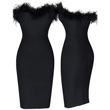 whoinshop Women's Off Shoulder Feather Evening Dress