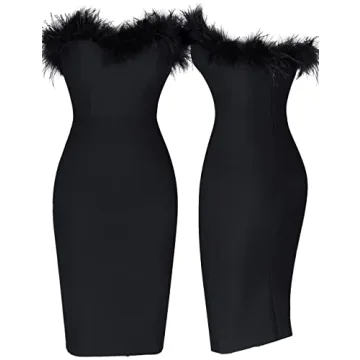 whoinshop Women's Off Shoulder Feather Evening Dress