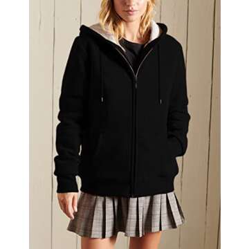 Yeokou Women's Casual Full Zip Up Sherpa Lined Hoodie Sweatshirt Jacket Coat (Medium, Black)