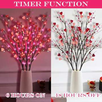 Ruidazon 3 Pack Lighted Valentine's Day Decoration, 30" Tall Artificial Red Pink Heart Shaped Berry Picks with 60LED Lights Timer Lighted Branches for Vases Valentine's Day Gifts Anniversary Wedding