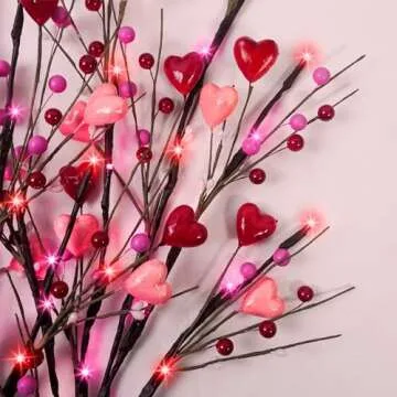Ruidazon 3 Pack Lighted Valentine's Day Decoration, 30" Tall Artificial Red Pink Heart Shaped Berry Picks with 60LED Lights Timer Lighted Branches for Vases Valentine's Day Gifts Anniversary Wedding