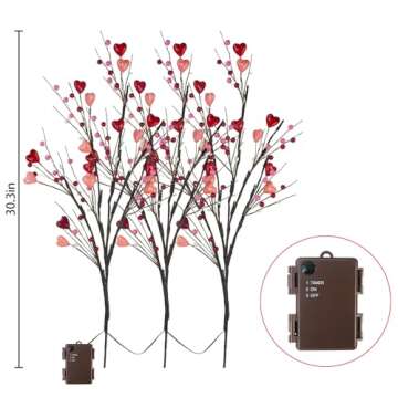 Ruidazon 3 Pack Lighted Valentine's Day Decoration, 30" Tall Artificial Red Pink Heart Shaped Berry Picks with 60LED Lights Timer Lighted Branches for Vases Valentine's Day Gifts Anniversary Wedding
