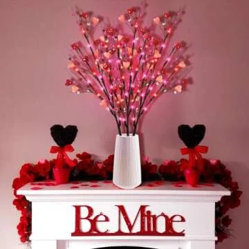 Ruidazon 3 Pack Lighted Valentine's Day Decoration, 30" Tall Artificial Red Pink Heart Shaped Berry Picks with 60LED Lights Timer Lighted Branches for Vases Valentine's Day Gifts Anniversary Wedding