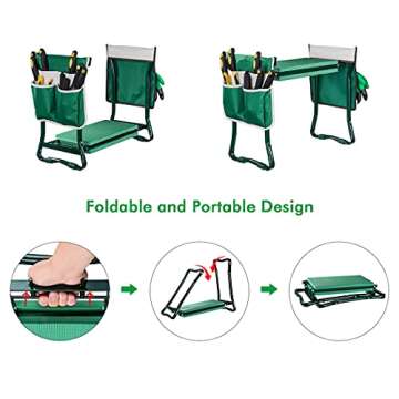 OULLYY Version 2.0 Portable Garden Kneeler and Seat with 2 Large Tool Pockets & Widen Soft EVA Kneeling Pad, Kneeler Seat Stools with Tools Bag for Gardening (Green)