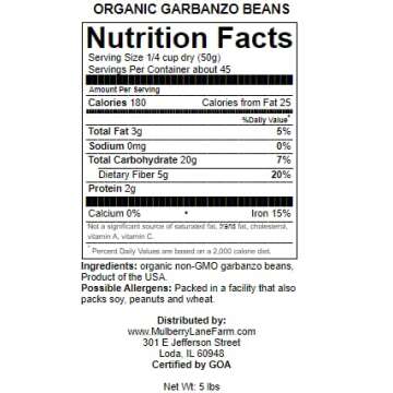 Garbanzo Beans, 5 Pounds (Chick Peas), USDA Certified Organic, Dried, Non-GMO, Great for hummus, Bulk, Product of USA, Mulberry Lane Farms