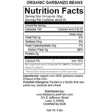 Garbanzo Beans, 5 Pounds (Chick Peas), USDA Certified Organic, Dried, Non-GMO, Great for hummus, Bulk, Product of USA, Mulberry Lane Farms