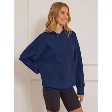 MEROKEETY Women's 2024 Fall Oversized Hoodie Long Sleeve Pullover Sweater Ribbed Knit Sweatshirt with Pockets, Navy, Large