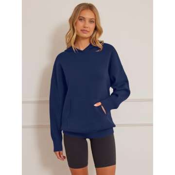 MEROKEETY Women's 2024 Fall Oversized Hoodie Long Sleeve Pullover Sweater Ribbed Knit Sweatshirt with Pockets, Navy, Large
