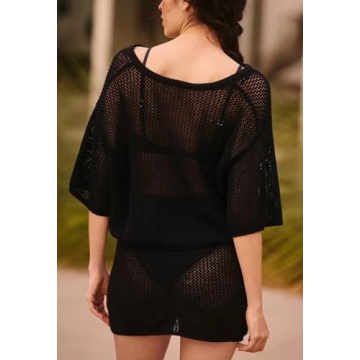 Pink Queen Two Hollow Out Swimsuit Outfits for Women Summer Beach Knit Crochet Knitted Short Skirts Cover Up Sexy V Neck Button Up Swimwear Sets Black XL