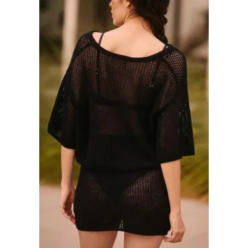 Pink Queen Two Hollow Out Swimsuit Outfits for Women Summer Beach Knit Crochet Knitted Short Skirts Cover Up Sexy V Neck Button Up Swimwear Sets Black XL