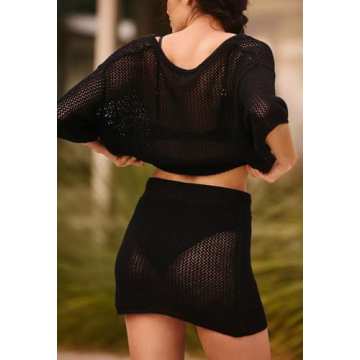 Pink Queen Two Hollow Out Swimsuit Outfits for Women Summer Beach Knit Crochet Knitted Short Skirts Cover Up Sexy V Neck Button Up Swimwear Sets Black XL