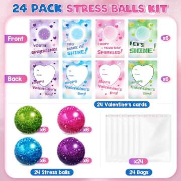 24 Pack Valentine's Day Cards with Stretchy Balls, Valentines Cards for Kids, Squeeze Toy for Classr...