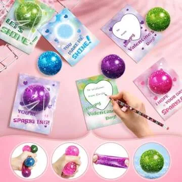 24 Pack Valentine's Day Cards with Stretchy Balls, Valentines Cards for Kids, Squeeze Toy for Classroom School Valentine's Gifts Exchange, Valentine's Party Favor Prizes for Boys Girls