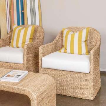 Woven Water Hyacinth and Acacia Wood Outdoor Chair with Cushion