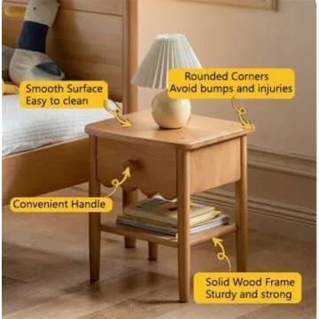 Yeoasthw Mid Century Modern Nightstand with Drawer, Small Bedside Table with Open Storage, Cute End Table, Solid Wood Side Table for Bedroom, Living Room