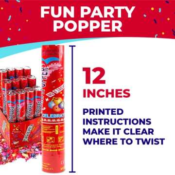 Toysery 12 Pack Confetti Cannons - Multicolor Compressed 12-inch Large Party Poppers for Birthdays, Weddings, Indoor or Outdoor Parties, Christmas Eve, and New Year Celebrations