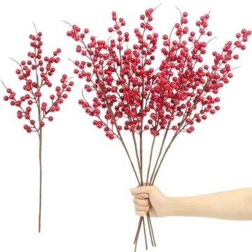 Mklsit 6 Pack Artificial Red Berry Stems for Festive Decor, 25.2 Inch Red Berry Picks for Holiday Fl...