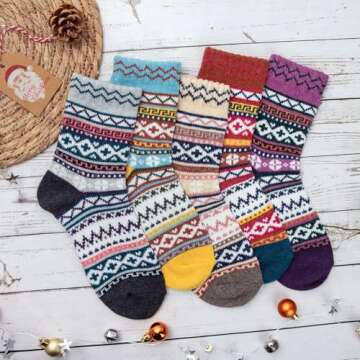 5 Pairs Womens Cold Weather Soft Warm Thick Knit Crew Casual Winter Wool Socks,Multicolor 01,One Size