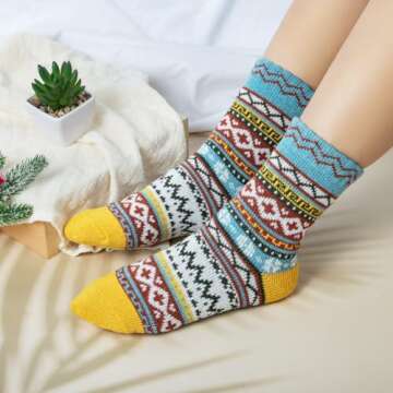 5 Pairs Womens Cold Weather Soft Warm Thick Knit Crew Casual Winter Wool Socks,Multicolor 01,One Size