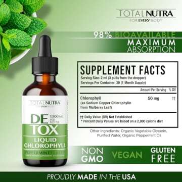 Liquid Chlorophyll Drops 50mg: Vegan Chlorophyll Liquid Drops for Natural Energy Boost, Immune Support, Body Detox for Skin Care, Internal Deodorant | Mint Flavor, Non-GMO, Gluten Free Total Nutra 2oz