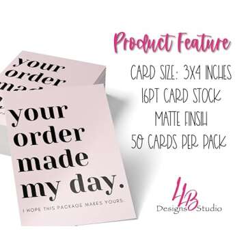 Packaging Insert, Your Order Made My Day - Light Pink , SIZE 4 X 3 INCHES, 50 cards, Customer Thank You Cards, Thank You for Supporting My Small Business, for Online, Handmade Goods, Retail Store,