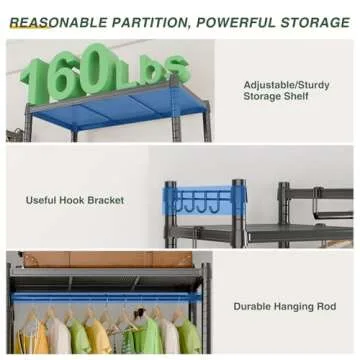 LEHOM G3 Garment Rack Heavy Duty Clothes Rack for Hanging Clothes, Freestanding Portable Wire Clothing Rack with Shelves, Adjustable Wardrobe Closet Rack, DIY Hanging Clothes Racks for Bedroom