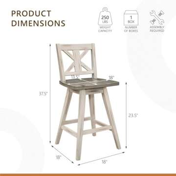 Solid Wood High Back Swivel Counter Height Bar Stools Set of 2, Kitchen Stools Counter Height, Foot Rest, X Back, Tall Wooden Armless Dining Chairs For Kitchen Island, Farmhouse, Rustic, White