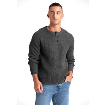 RQP Men's Henley Sweater Long Sleeve Button Crewneck Sweater Knit Sweater Casual Waffle Texture Pull...