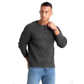 RQP Men's Henley Sweater Long Sleeve Button Crewneck Sweater Knit Sweater Casual Waffle Texture Pullover Sweater,Dark Gray M