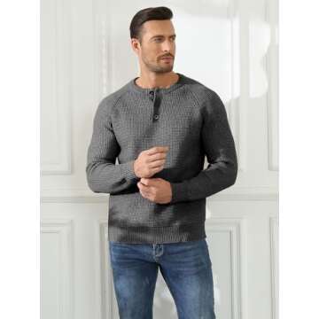 RQP Men's Henley Sweater Long Sleeve Button Crewneck Sweater Knit Sweater Casual Waffle Texture Pullover Sweater,Dark Gray M