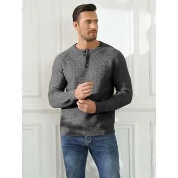 RQP Men's Henley Sweater Long Sleeve Button Crewneck Sweater Knit Sweater Casual Waffle Texture Pullover Sweater,Dark Gray M