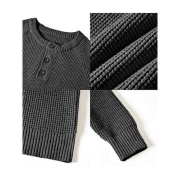 RQP Men's Henley Sweater Long Sleeve Button Crewneck Sweater Knit Sweater Casual Waffle Texture Pullover Sweater,Dark Gray M