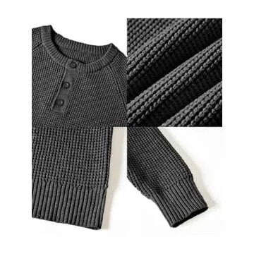 RQP Men's Henley Sweater Long Sleeve Button Crewneck Sweater Knit Sweater Casual Waffle Texture Pullover Sweater,Dark Gray M