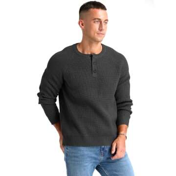 RQP Men's Henley Sweater Long Sleeve Button Crewneck Sweater Knit Sweater Casual Waffle Texture Pullover Sweater,Dark Gray M