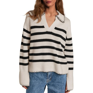 Saodimallsu Women's Striped V Neck Collared Sweater - Trendy Knit Fall Style
