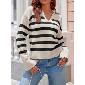 Saodimallsu Women's Trendy V Neck Striped Sweater
