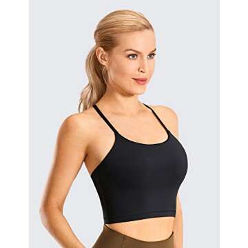 CRZ YOGA Womens Y Back Longline Sports Bra - Racerback Spaghetti Straps Padded Workout Crop Tank Tops with Built in Bra Black Small