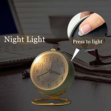 JUSTUP Silent Analog Alarm Clock, Classic Small Non-Ticking Tabletop Kids Room Alarm Clock Battery Operated Desk Clock with Backlight HD Glass for Bedroom Living Room Kitchen Indoor Decor, Green