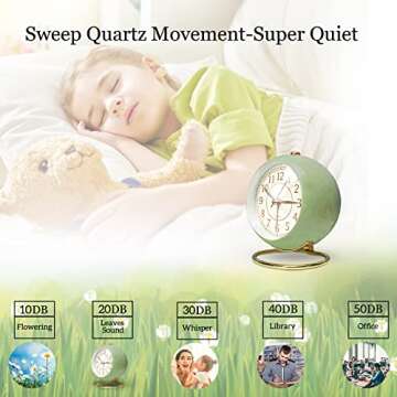 JUSTUP Silent Analog Alarm Clock, Classic Small Non-Ticking Tabletop Kids Room Alarm Clock Battery Operated Desk Clock with Backlight HD Glass for Bedroom Living Room Kitchen Indoor Decor, Green