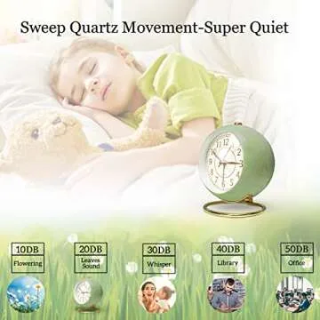 JUSTUP Silent Analog Alarm Clock, Classic Small Non-Ticking Tabletop Kids Room Alarm Clock Battery Operated Desk Clock with Backlight HD Glass for Bedroom Living Room Kitchen Indoor Decor, Green
