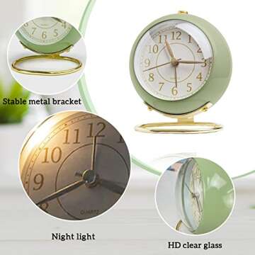 JUSTUP Silent Analog Alarm Clock, Classic Small Non-Ticking Tabletop Kids Room Alarm Clock Battery Operated Desk Clock with Backlight HD Glass for Bedroom Living Room Kitchen Indoor Decor, Green